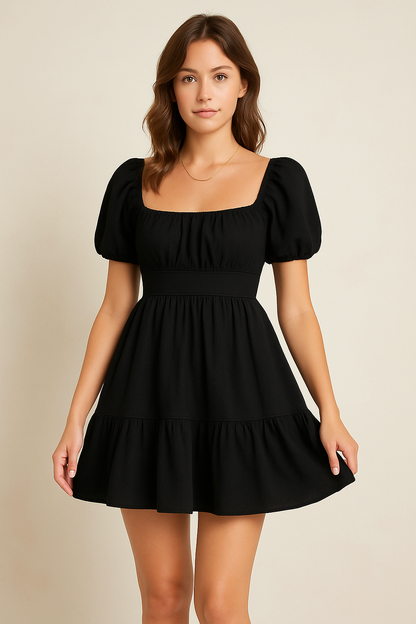 Casual A-Line Mini Dress with Puff Sleeves - Nocini
