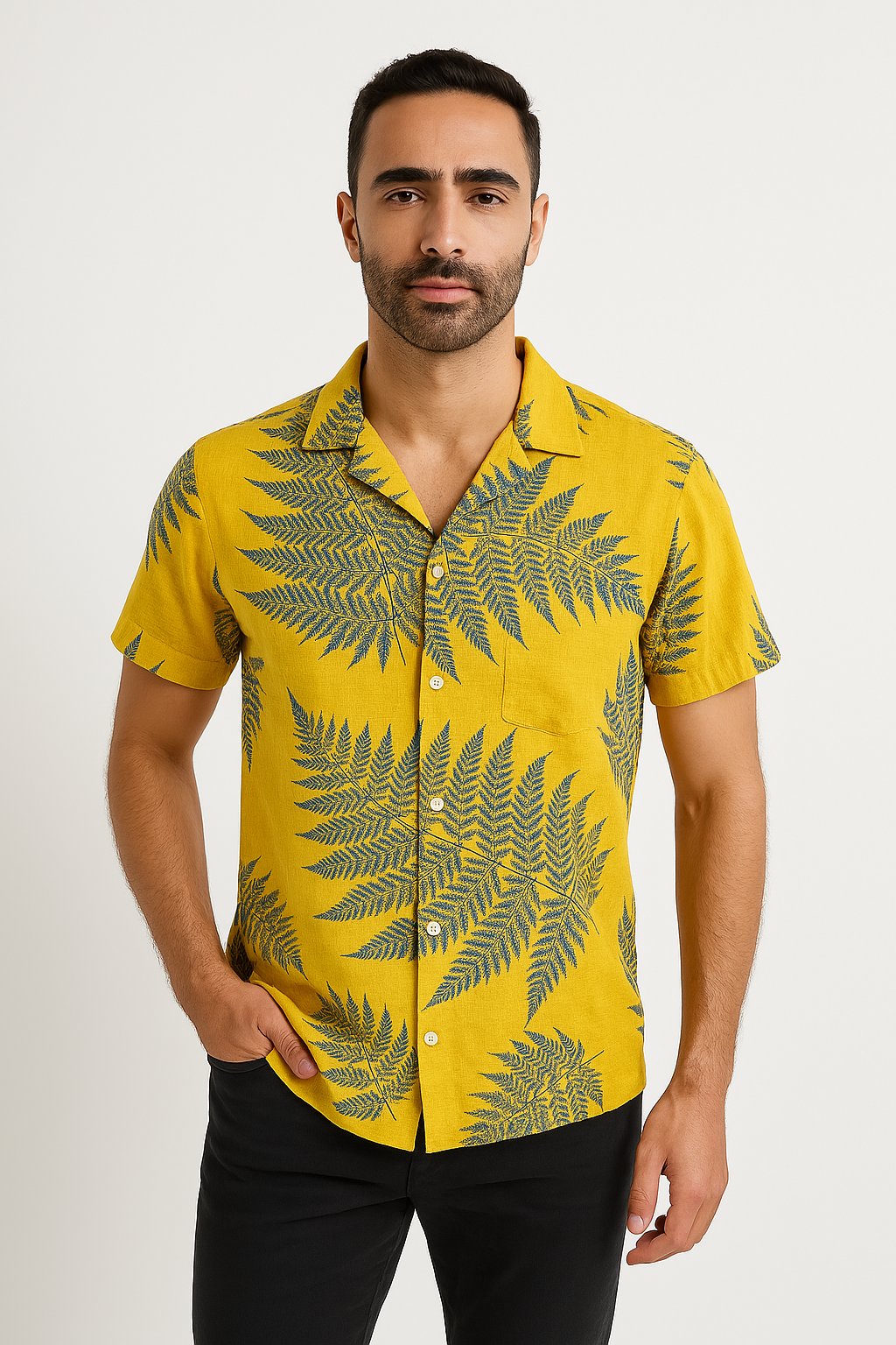 Casual Short Sleeve Leaf Print Shirt for Men