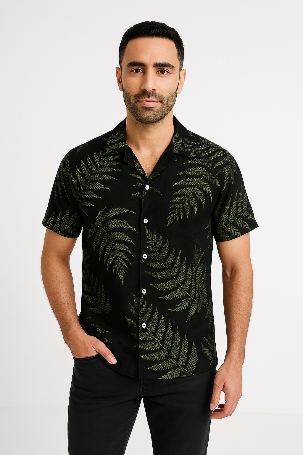 Casual Short Sleeve Leaf Print Shirt for Men