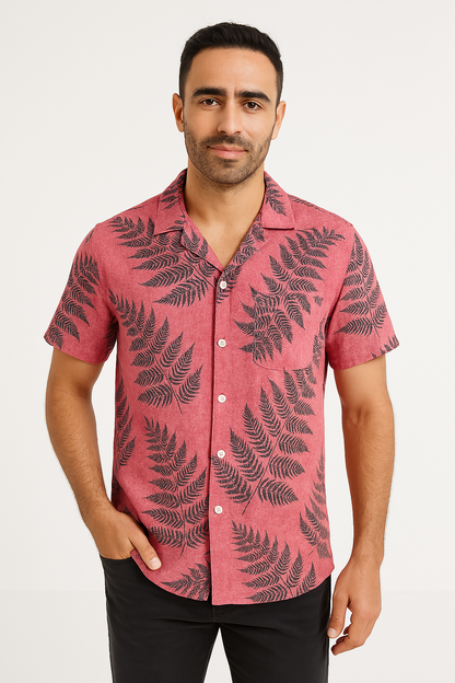 Casual Short Sleeve Leaf Print Shirt for Men