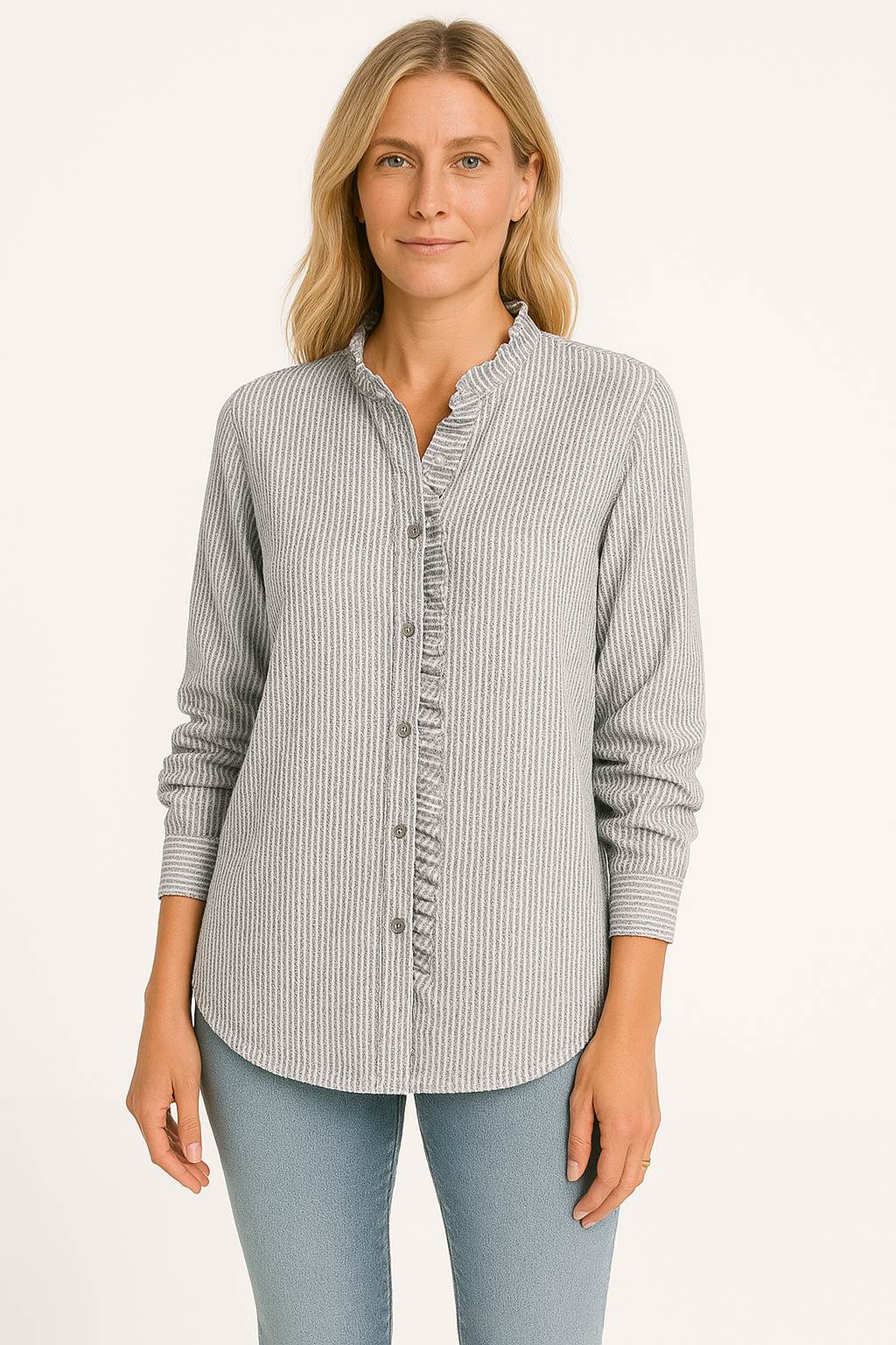 Loose Fit Women's Blouse with Ruffles and Long Sleeves - Nocini