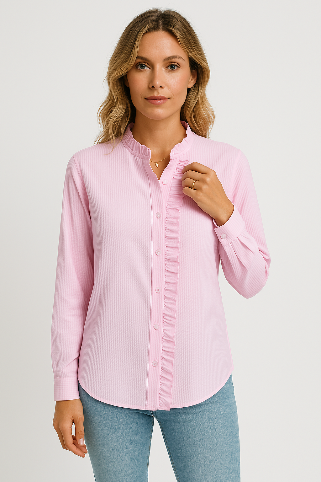 Loose Fit Women's Blouse with Ruffles and Long Sleeves
