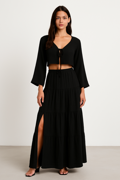 Ladies' 2-Piece Cotton Cardigan and Midi Skirt Set