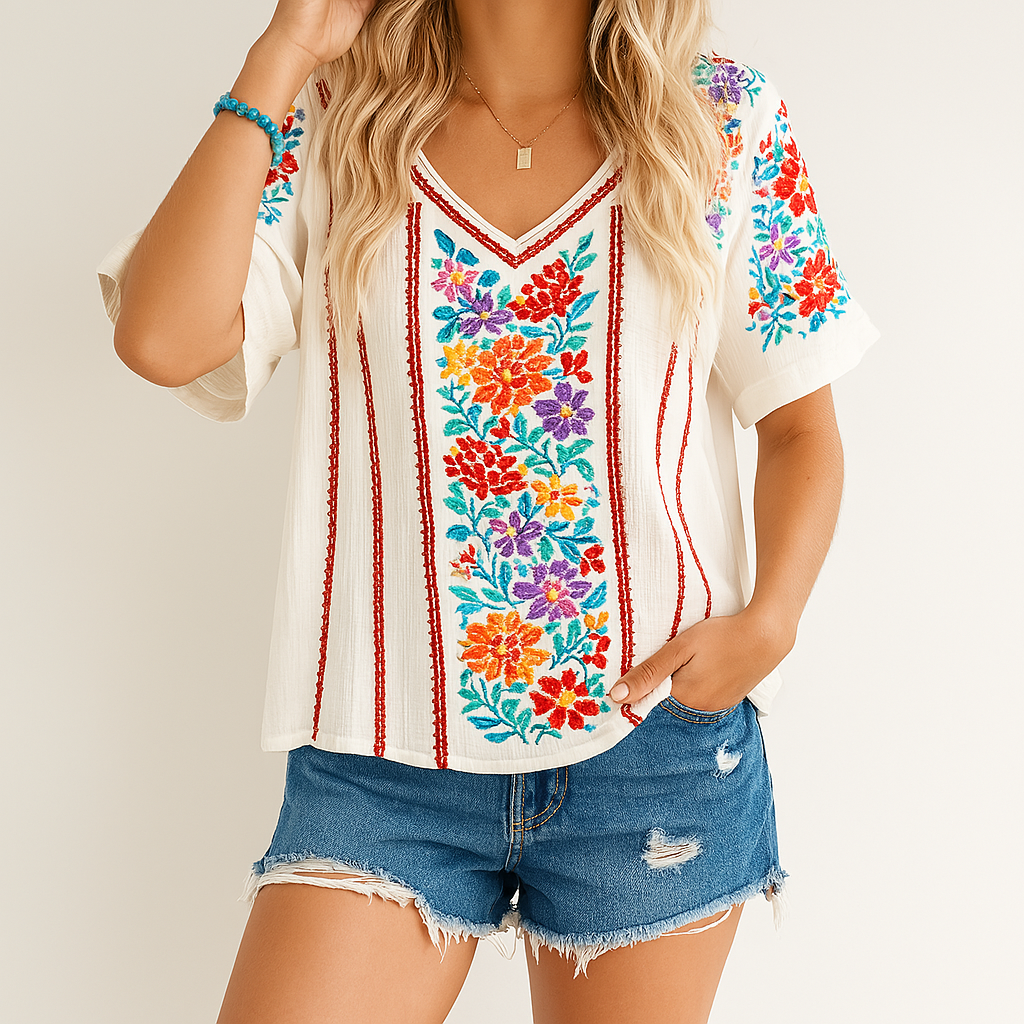 Casual V-Neck Tee Soft Floral Women's Top - Nocini