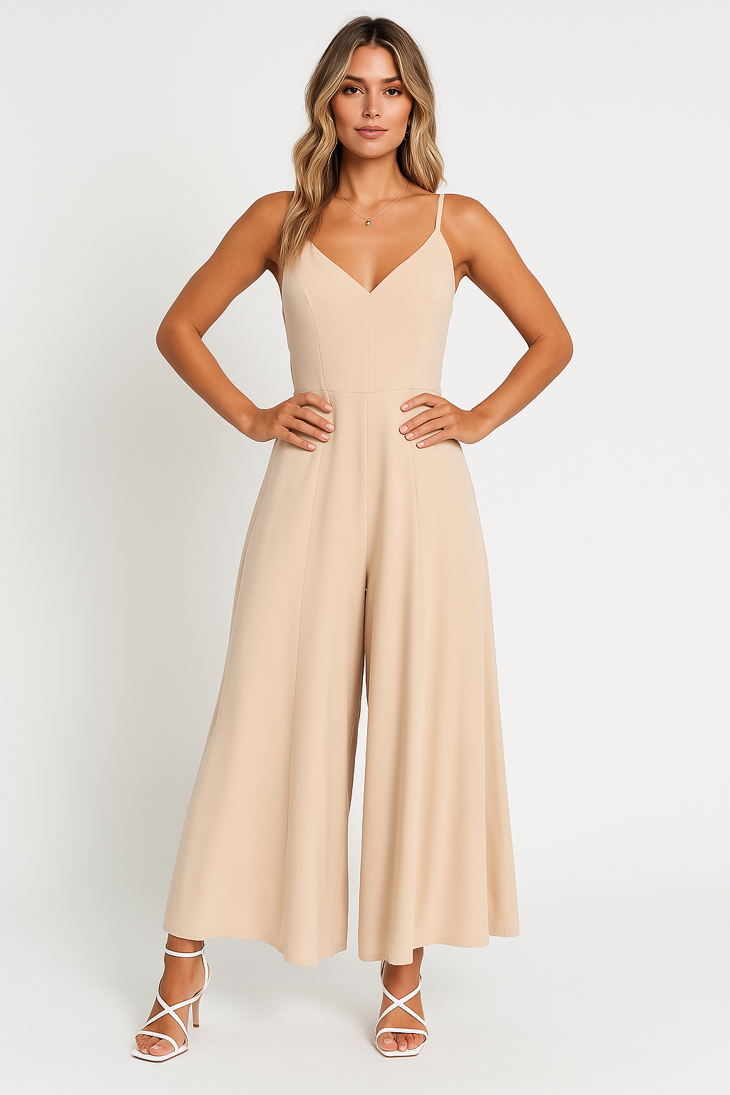 Women's Relaxed Fit V-Neck Jumpsuit with Wide Legs