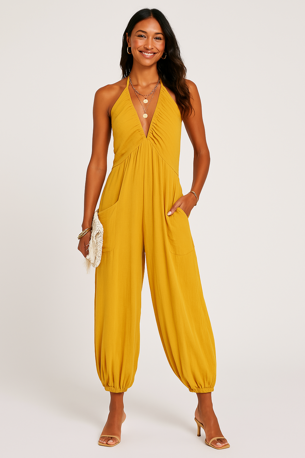 Women's Summer Jumpsuit with Pockets and V Neckline