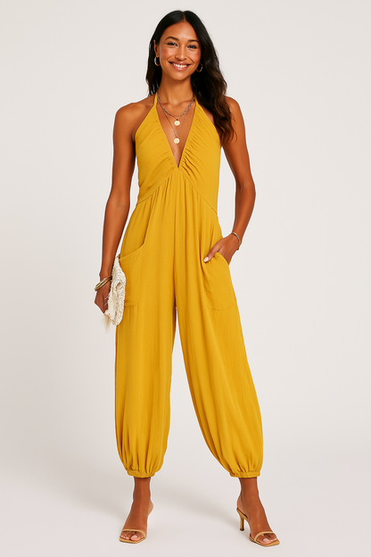 Women's Summer Jumpsuit with Pockets and V Neckline