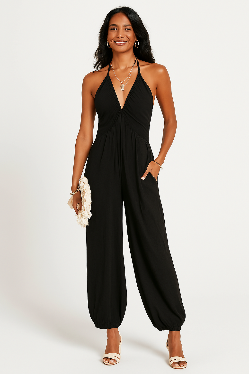 Women's Summer Jumpsuit with Pockets and V Neckline - Nocini
