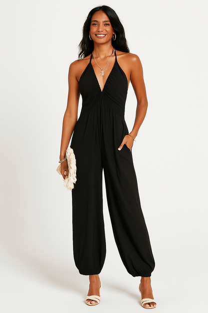 Women's Summer Jumpsuit with Pockets and V Neckline - Nocini