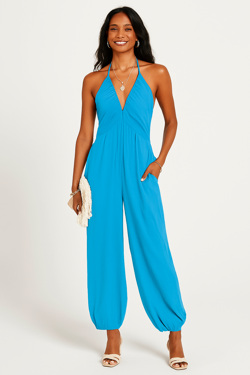 Women's Summer Jumpsuit with Pockets and V Neckline