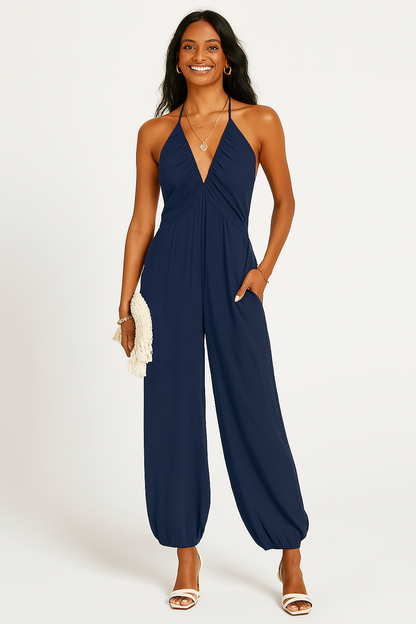Women's Summer Jumpsuit with Pockets and V Neckline