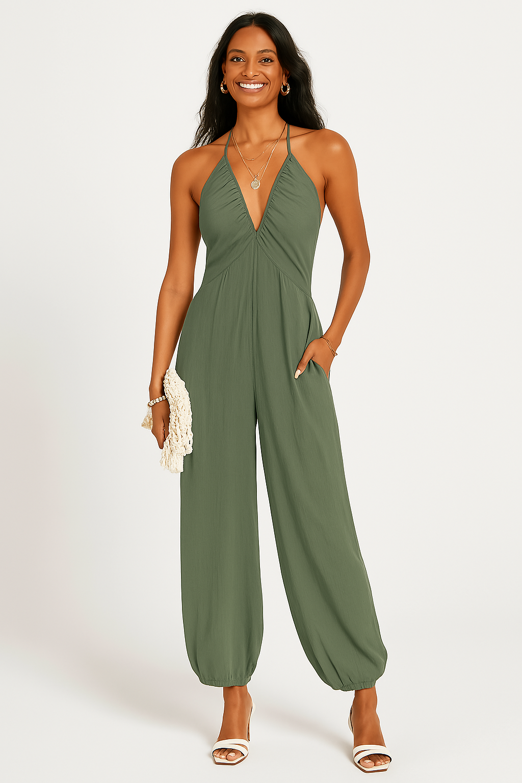 Women's Summer Jumpsuit with Pockets and V Neckline
