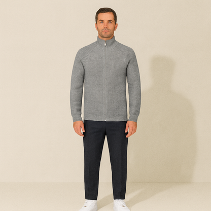 Warm Merino Wool Crew Neck Zip Sweater for Men