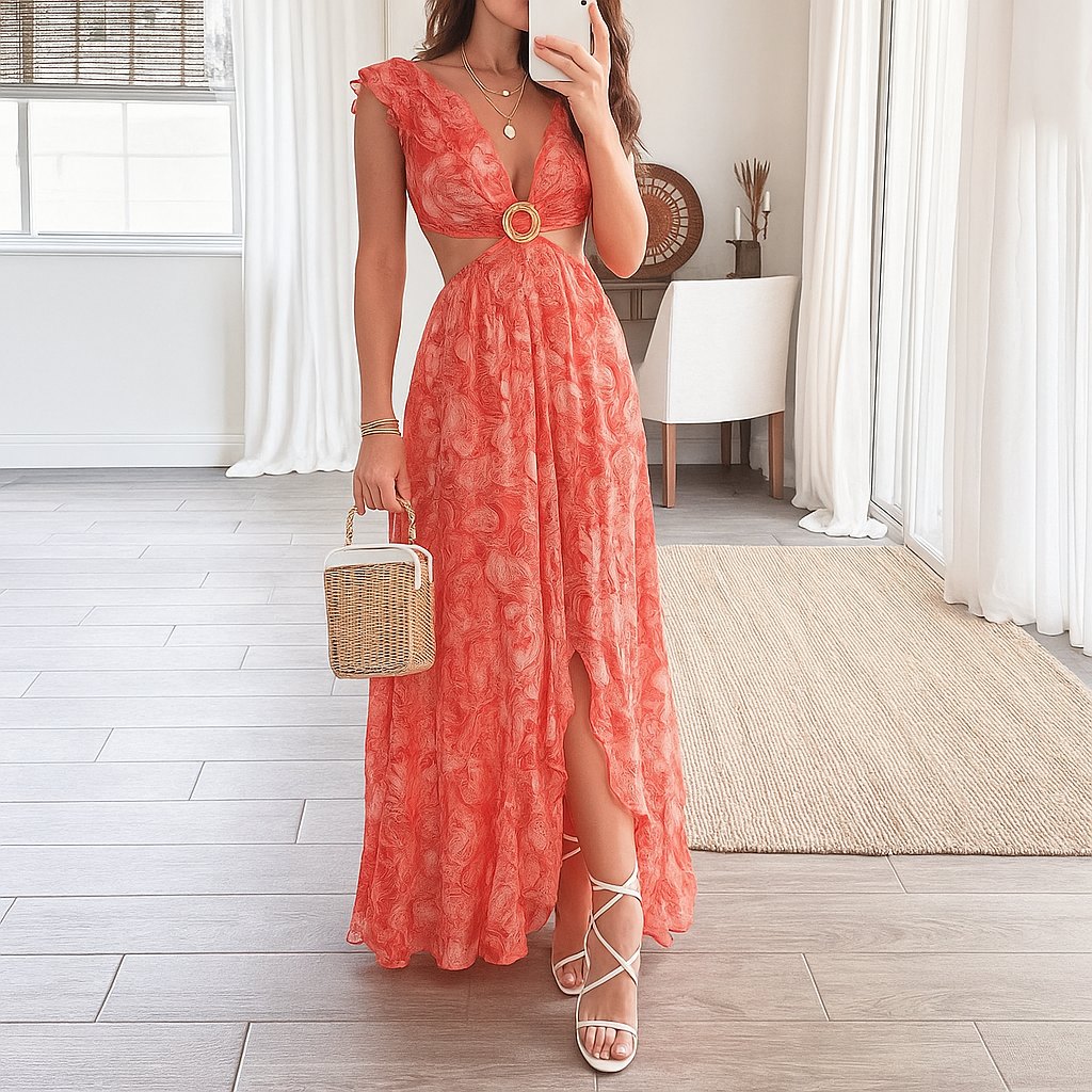 Pretty Flower Long Sleeve Maxi Dress - Olytrend