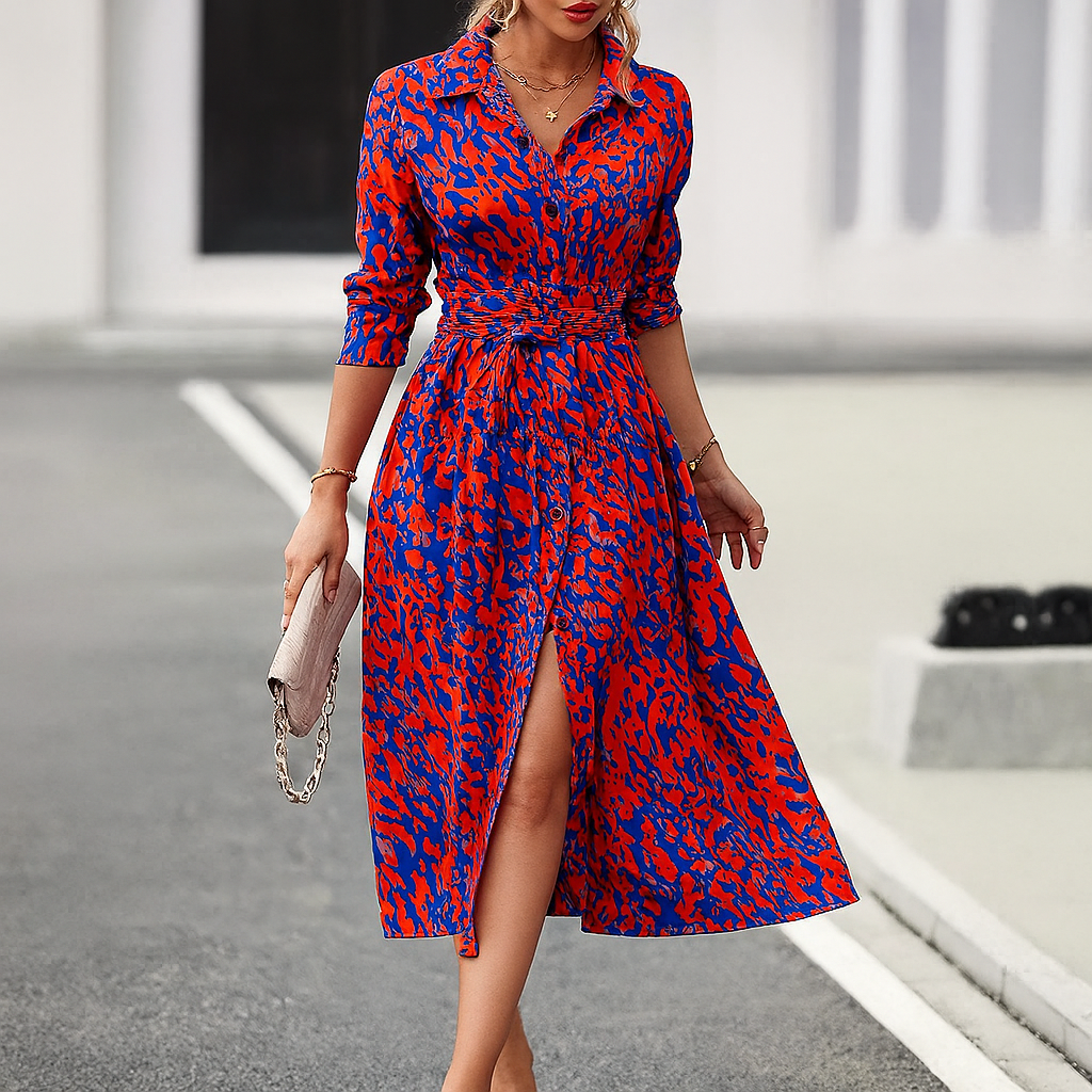 Floral Knee Length Split Dress with Sleeves - Olytrend