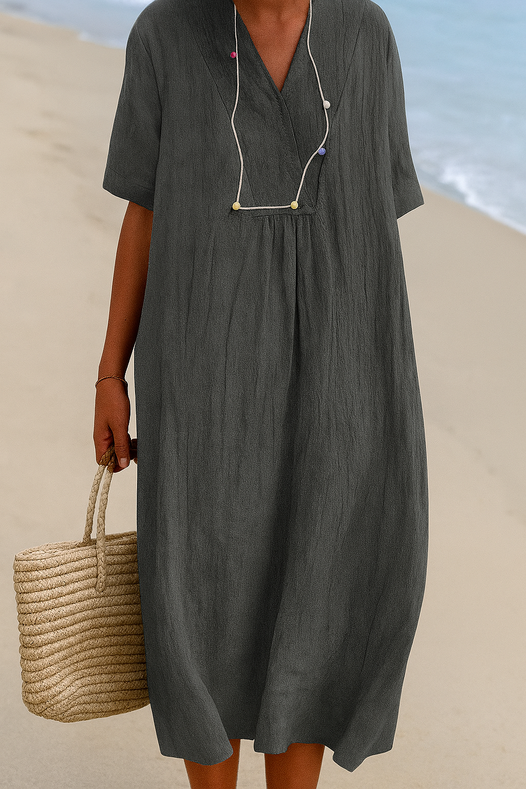 Casual Summer Dress with V Neck and Cap Sleeves - Olytrend