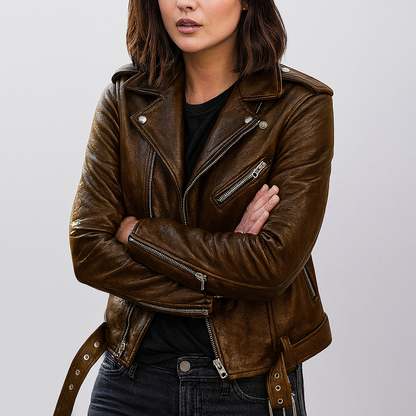 Fitted Ladies Black Leather Biker Jacket