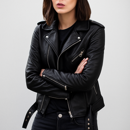 Fitted Ladies Black Leather Biker Jacket
