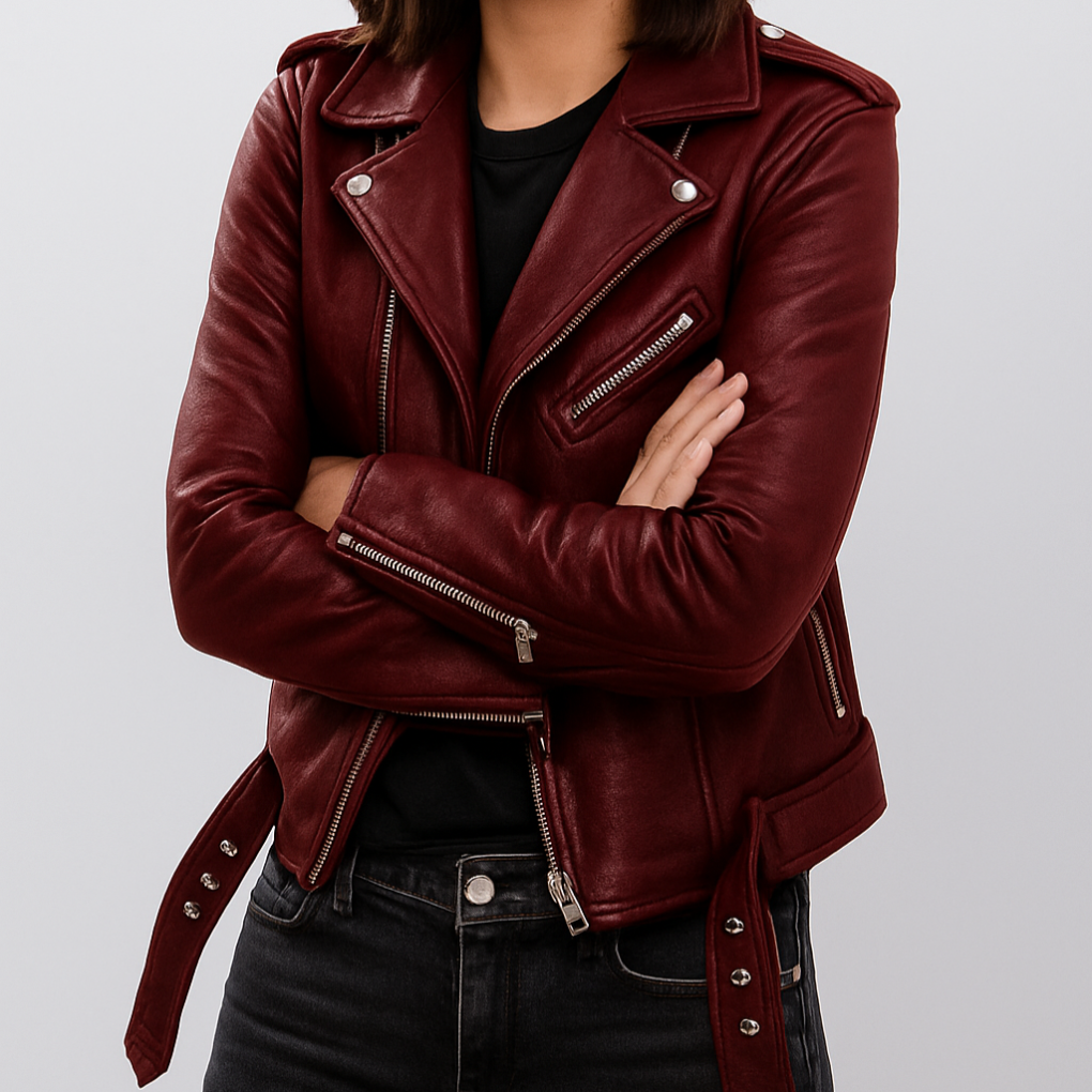 Fitted Ladies Black Biker Leather Jacket - Olytrend