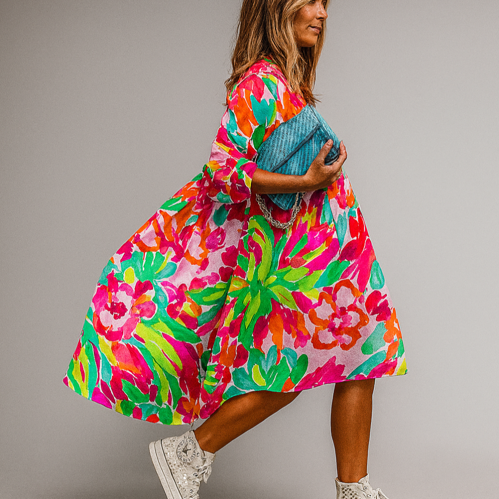 Large Floral Patterned Casual Dress - Olytrend