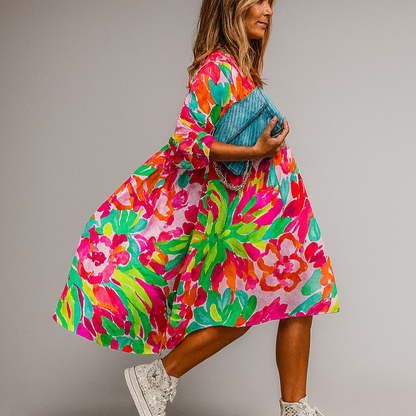 Large Floral Patterned Casual Dress - Olytrend