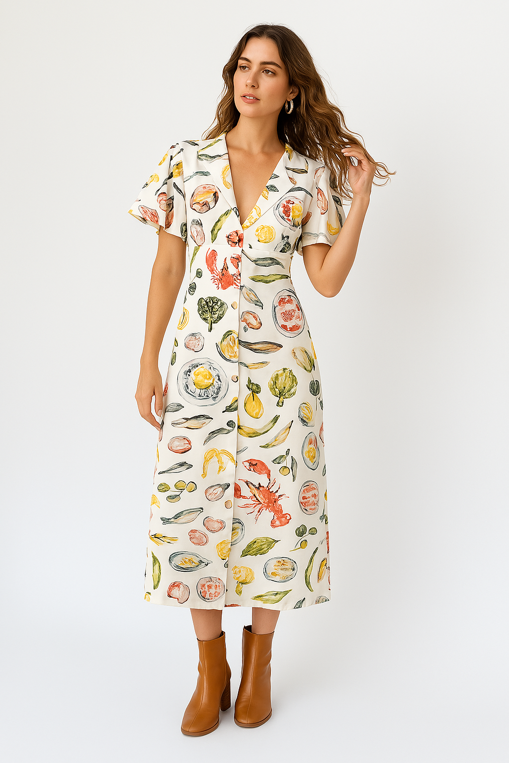 Casual Linen V-Neck Midi Dress for Women - Nocini
