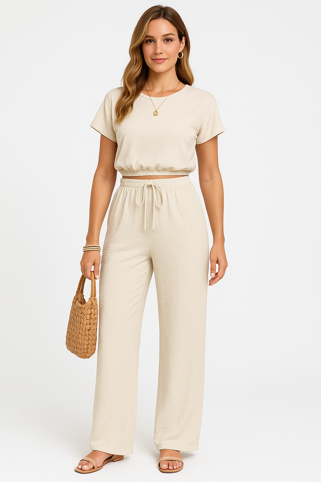 Women's Relaxed Fit Crop Top and Elastic Waist Pants - Nocini
