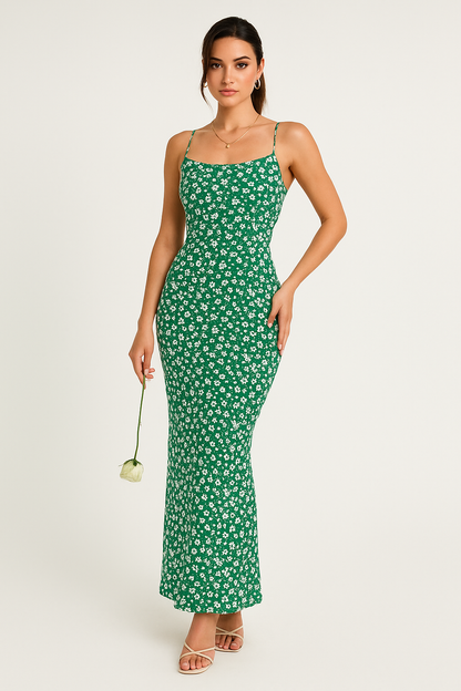Slim Fit Floral Maxi Dress with Open Back