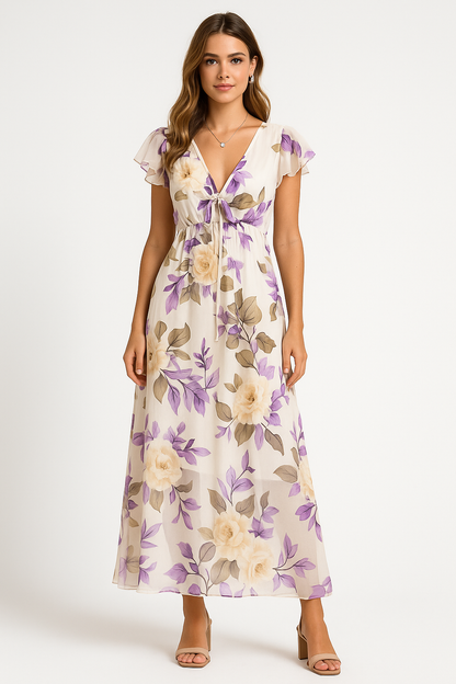 Floral V-Neck Midi Dress for Women - Nocini