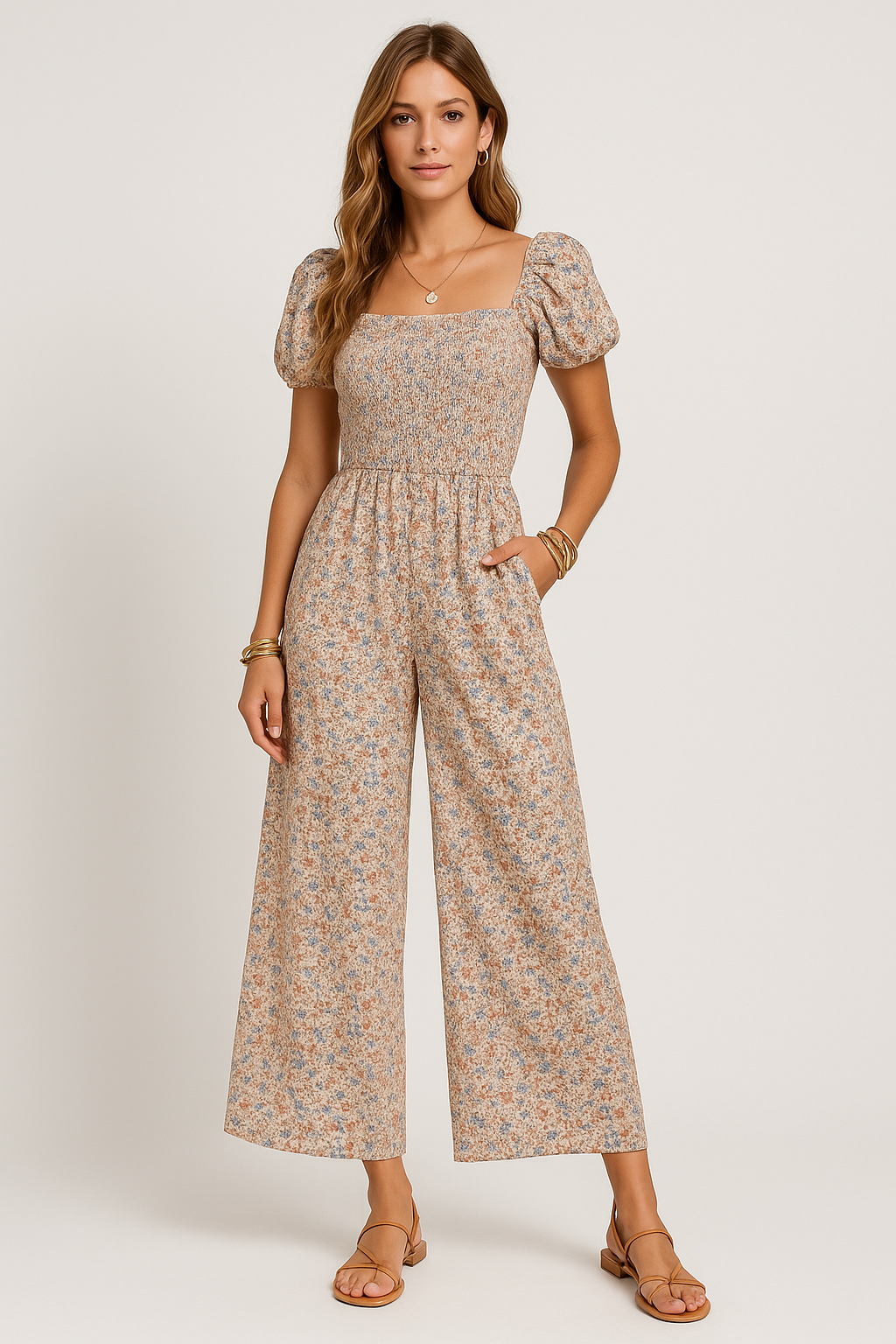 Floral Wide Leg Women's Jumpsuit with Puff Sleeves - Nocini