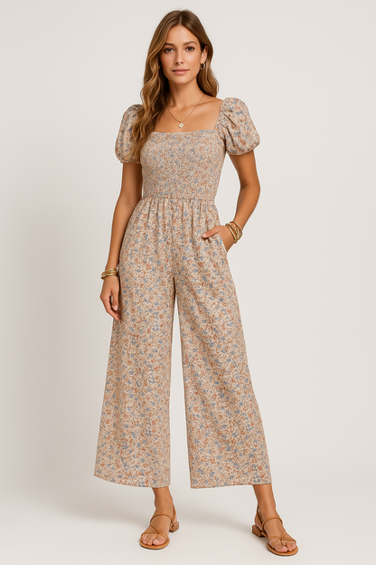 Floral Wide Leg Women's Jumpsuit with Puff Sleeves - Nocini