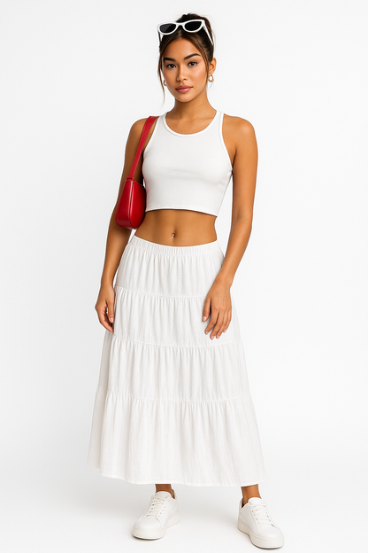 Flowy Ruffle Midi Skirt with Adjustable Waist - Nocini