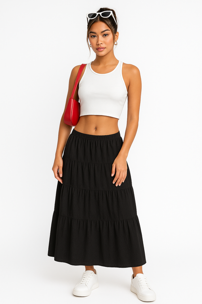 Flowy Ruffle Midi Skirt with Adjustable Waist