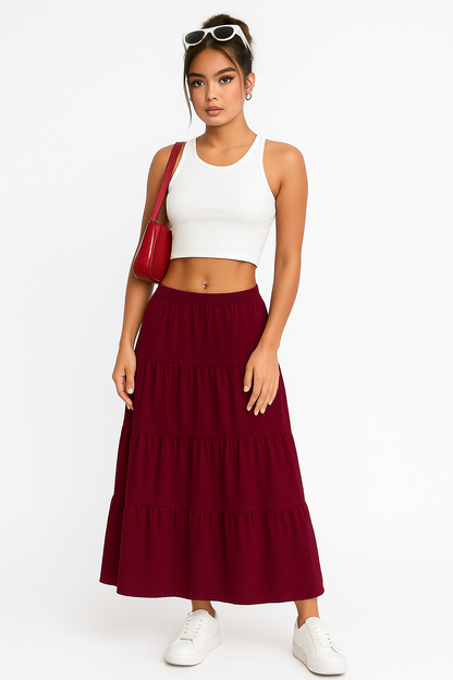 Flowy Ruffle Midi Skirt with Adjustable Waist
