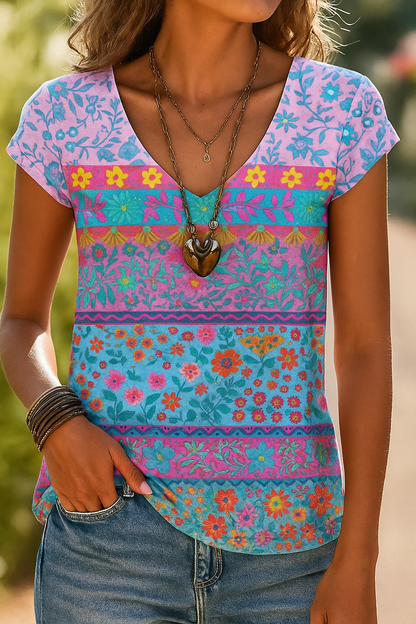 Relaxed Fit V-Neck T-Shirt with Floral Pattern - Olytrend