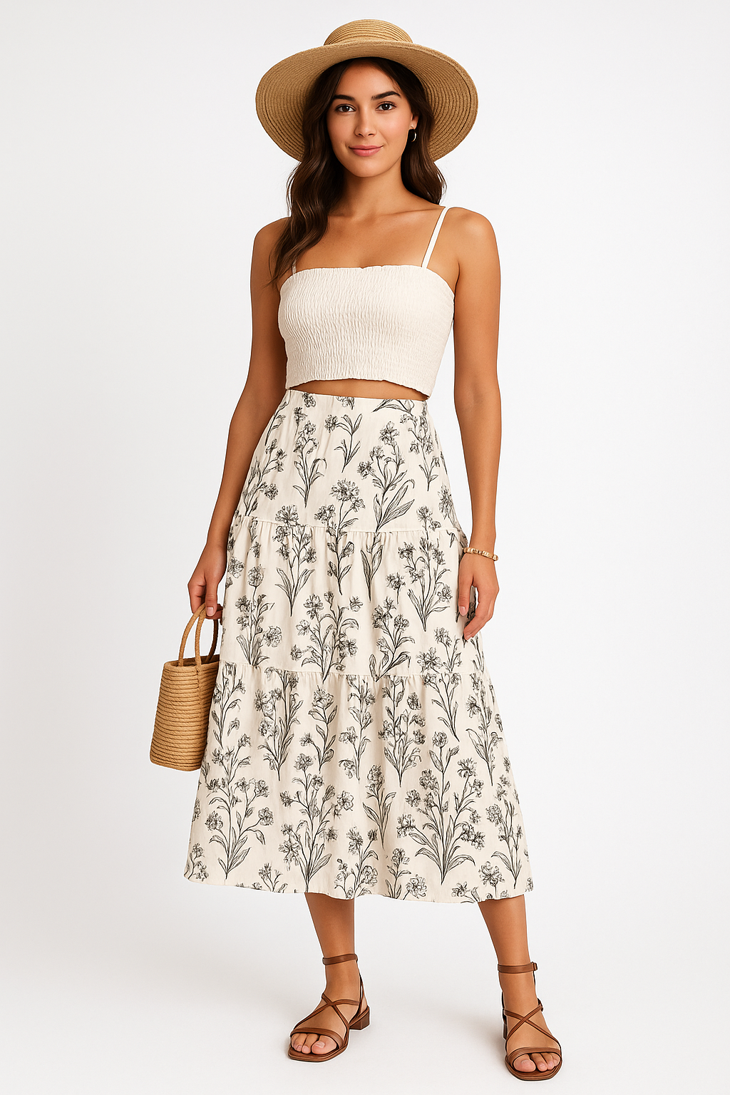Comfortable Floral Midi Skirt with Elastic Waist - Nocini