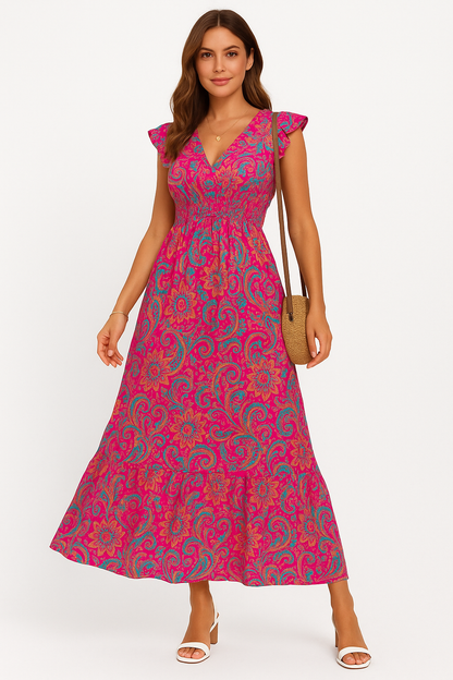 Loose Fit Summer Dress Floral V Neck Sleeveless