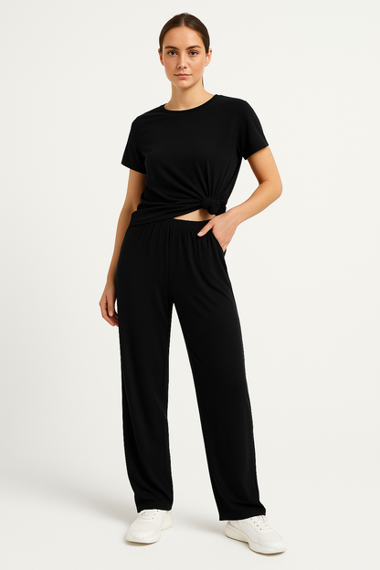 Comfy Women's Loungewear Set Short Top Wide Leg Pants