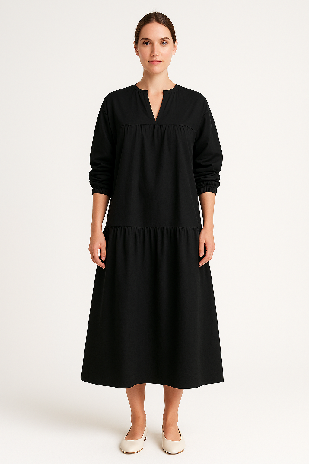 Relaxed Fit V Neck Maxi Dress with Puff Sleeves