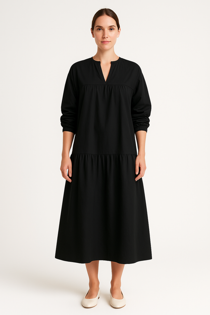 Relaxed Fit V Neck Maxi Dress with Puff Sleeves