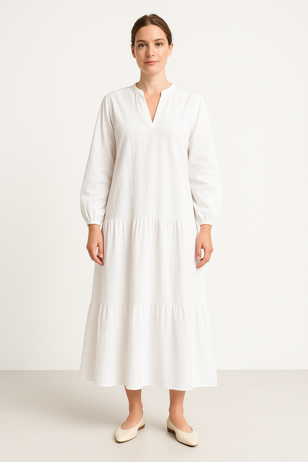 Relaxed Fit V Neck Maxi Dress with Puff Sleeves - Nocini
