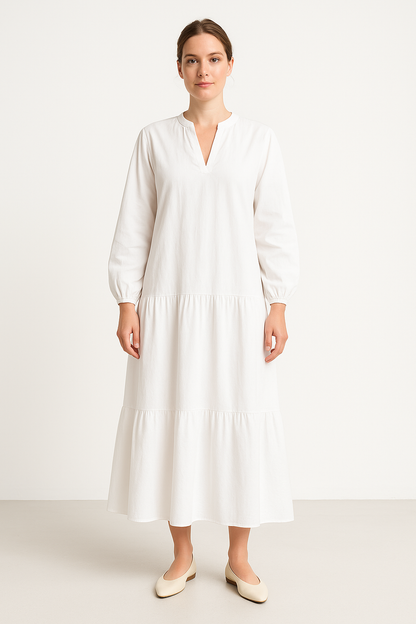 Relaxed Fit V Neck Maxi Dress with Puff Sleeves - Nocini