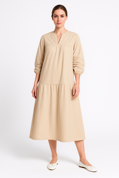 Relaxed Fit V Neck Maxi Dress with Puff Sleeves