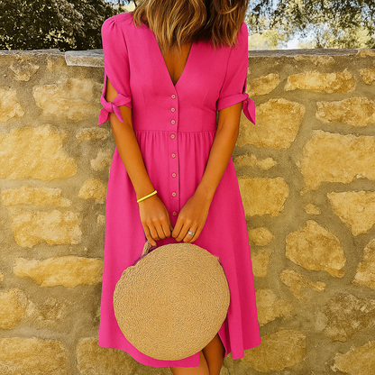 Relaxed Fit V Neck Button Dress