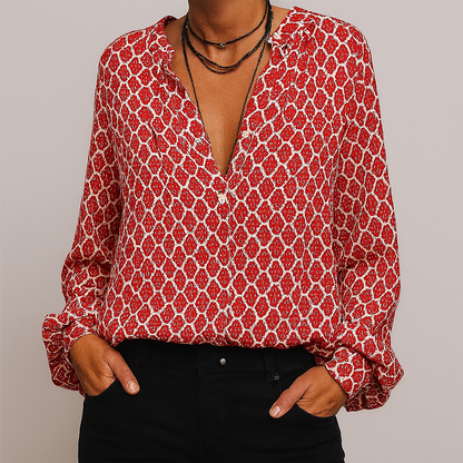 Stylish Patterned V Neck Top - Olytrend
