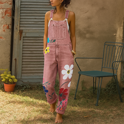 Fashionable Blue Jeans Romper with Flowers - Olytrend
