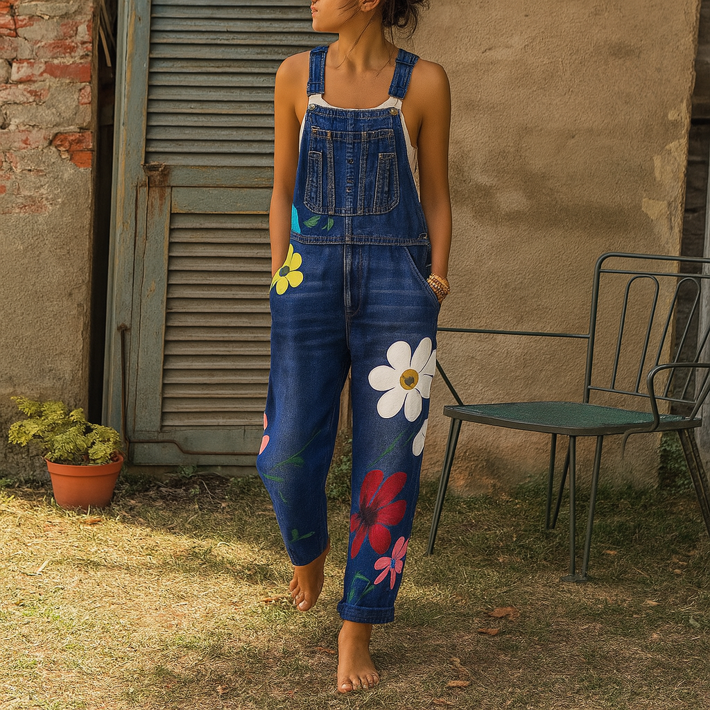 Trendy Blue Jeans Jumpsuit with Flower Print