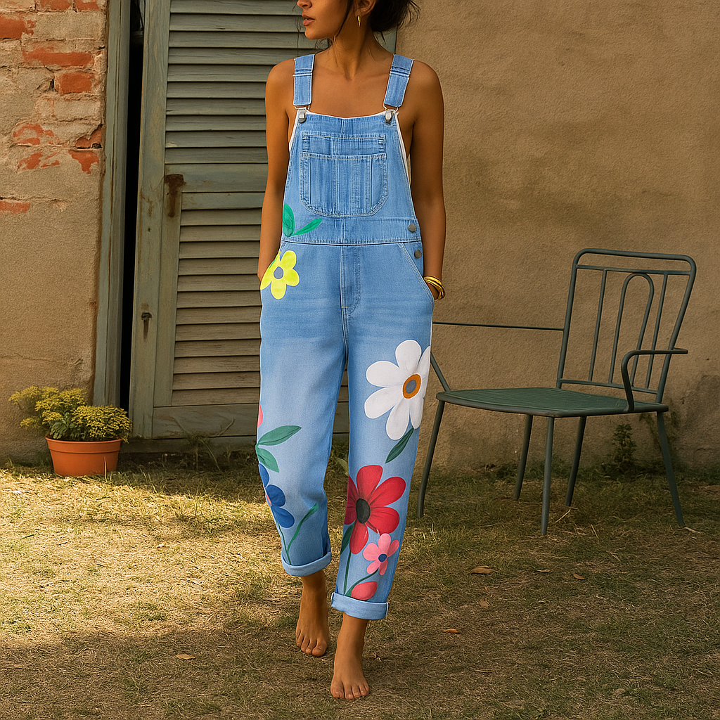 Trendy Blue Jeans Jumpsuit with Flower Print