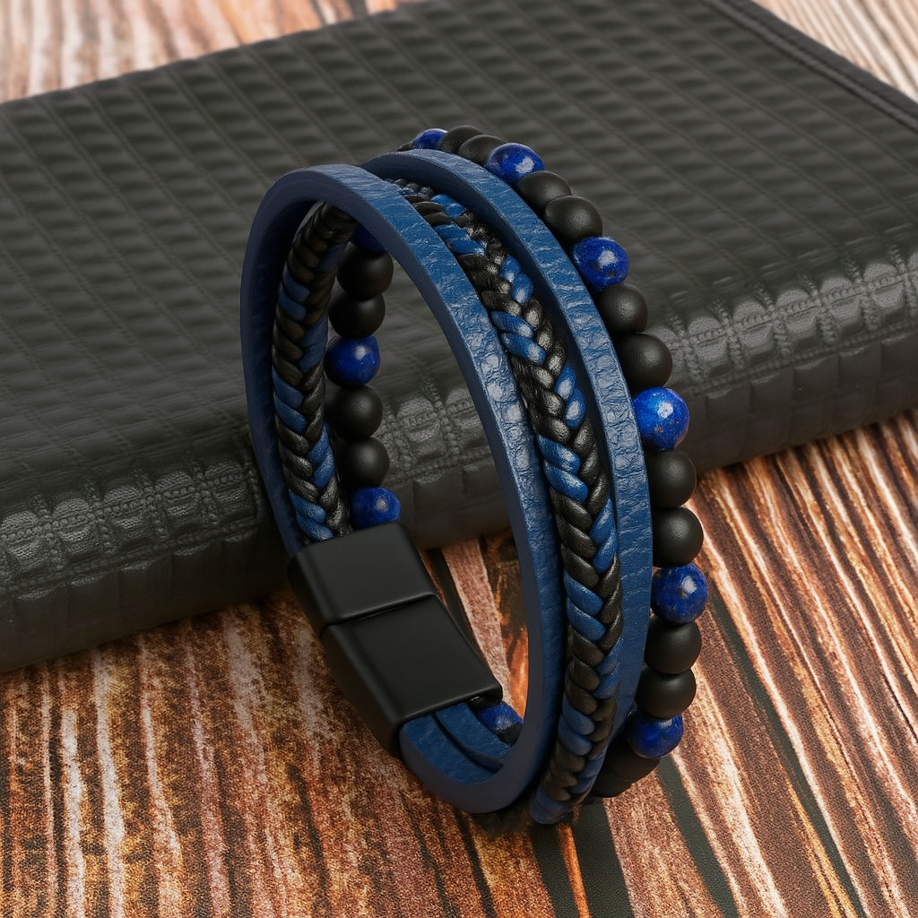Men's Genuine Leather and Beaded Wristband