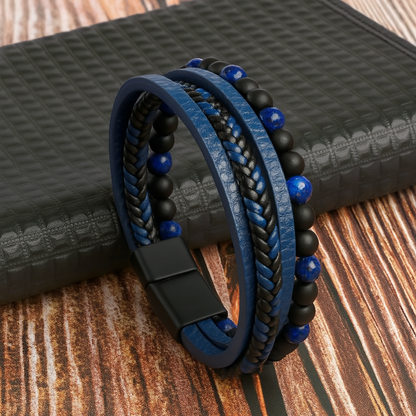 Men's Genuine Leather and Beaded Wristband